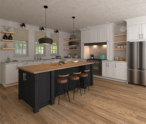 ROC Cabinetry shaker kitchen with white cabinetry and a dark island