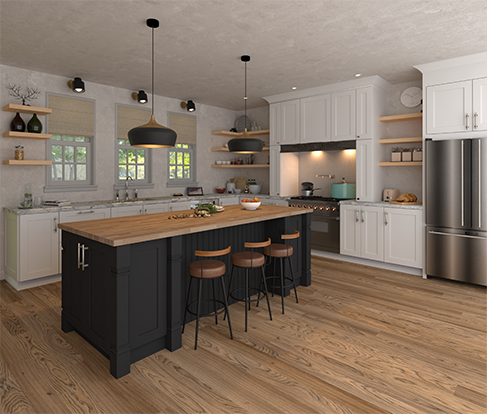ROC Cabinetry shaker kitchen with white cabinetry and a dark island
